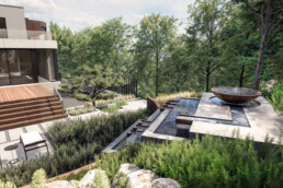 Modern home backyard with water feature