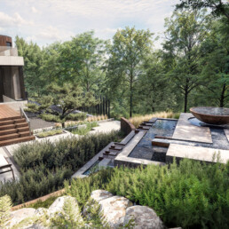 Modern home backyard with water feature